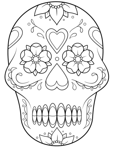 Sugar Skull With Flowers And Hearts Coloring Page